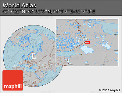 Gray Location Map of the Area around 62° 20' 44" N, 31° 31' 29" E, hill shading