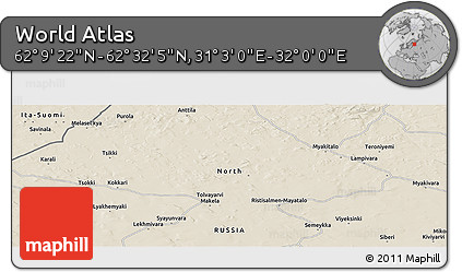 Shaded Relief Panoramic Map of the Area around 62° 20' 44" N, 31° 31' 29" E