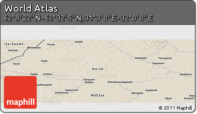 Shaded Relief Panoramic Map of the Area around 62° 20' 44" N, 31° 31' 29" E