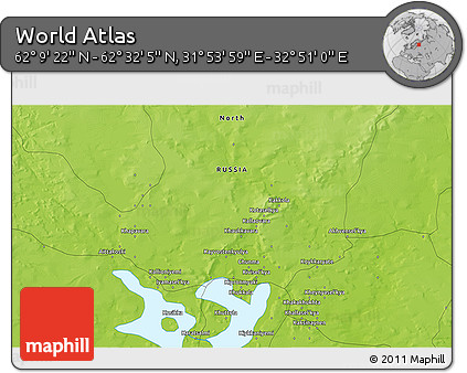 Physical 3D Map of the Area around 62° 20' 44" N, 32° 22' 30" E
