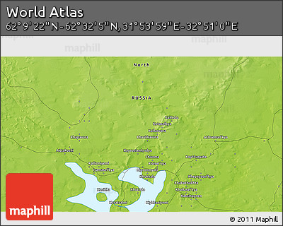 Physical 3D Map of the Area around 62° 20' 44" N, 32° 22' 30" E