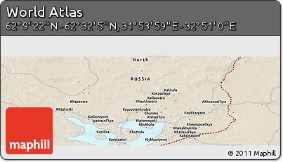 Shaded Relief Panoramic Map of the Area around 62° 20' 44" N, 32° 22' 30" E