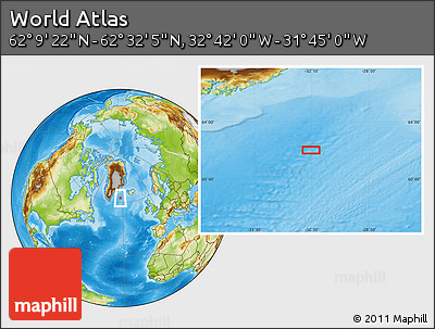 Physical Location Map of the Area around 62° 20' 44" N, 32° 13' 30" W