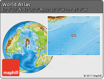 Physical Location Map of the Area around 62° 20' 44" N, 32° 13' 30" W
