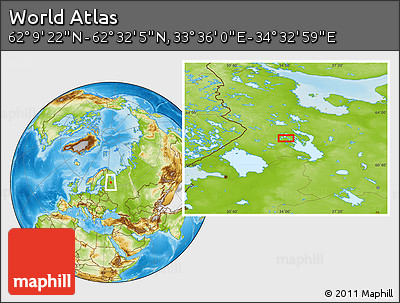 Physical Location Map of the Area around 62° 20' 44" N, 34° 4' 30" E