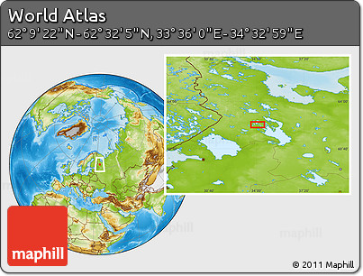 Physical Location Map of the Area around 62° 20' 44" N, 34° 4' 30" E