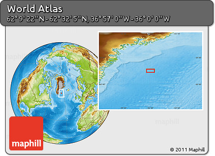 Physical Location Map of the Area around 62° 20' 44" N, 36° 28' 30" W