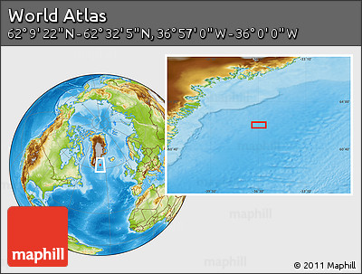 Physical Location Map of the Area around 62° 20' 44" N, 36° 28' 30" W