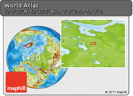 Physical Location Map of the Area around 62° 20' 44" N, 37° 28' 30" E
