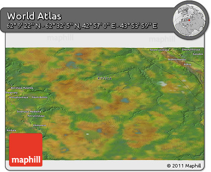 Satellite 3D Map of the Area around 62° 20' 44" N, 43° 25' 29" E