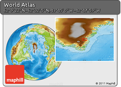 Physical Location Map of the Area around 62° 20' 44" N, 43° 16' 29" W