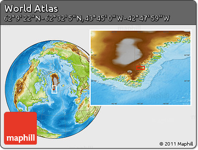 Physical Location Map of the Area around 62° 20' 44" N, 43° 16' 29" W