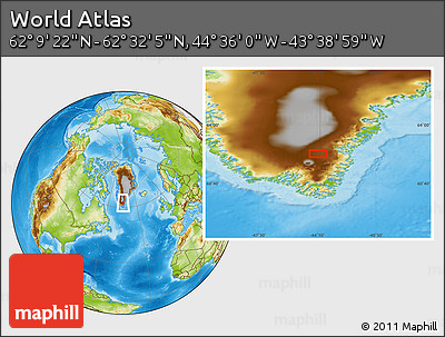 Physical Location Map of the Area around 62° 20' 44" N, 44° 7' 30" W