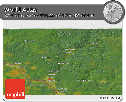 Satellite 3D Map of the Area around 62° 20' 44" N, 45° 7' 30" E