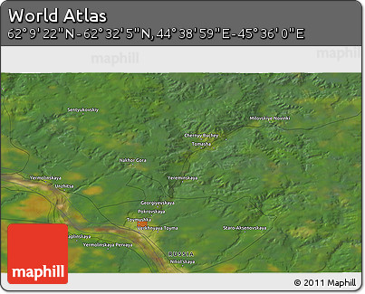Satellite 3D Map of the Area around 62° 20' 44" N, 45° 7' 30" E