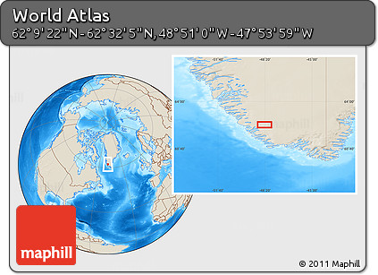 Shaded Relief Location Map of the Area around 62° 20' 44" N, 48° 22' 30" W