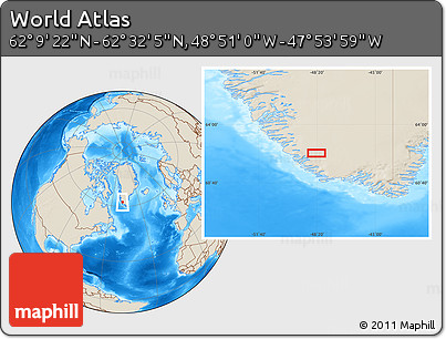 Shaded Relief Location Map of the Area around 62° 20' 44" N, 48° 22' 30" W