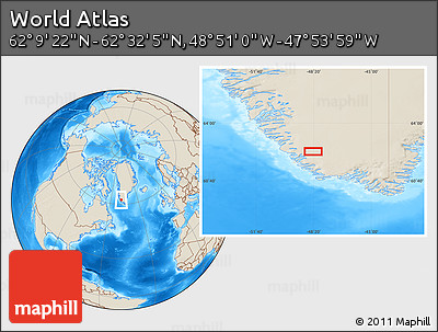 Shaded Relief Location Map of the Area around 62° 20' 44" N, 48° 22' 30" W