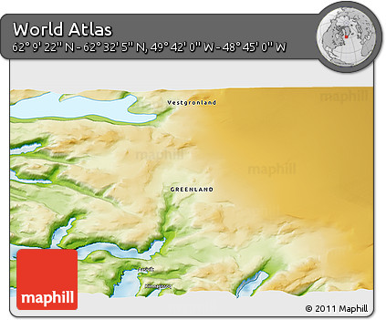 Physical 3D Map of the Area around 62° 20' 44" N, 49° 13' 30" W