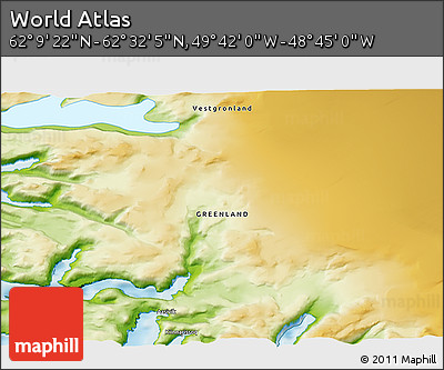 Physical 3D Map of the Area around 62° 20' 44" N, 49° 13' 30" W