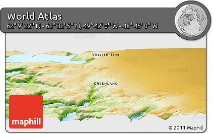 Physical Panoramic Map of the Area around 62° 20' 44" N, 49° 13' 30" W
