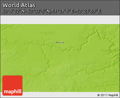 Physical 3D Map of the Area around 62° 20' 44" N, 51° 55' 29" E