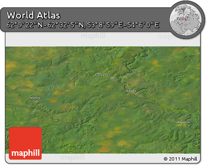 Satellite 3D Map of the Area around 62° 20' 44" N, 53° 37' 30" E