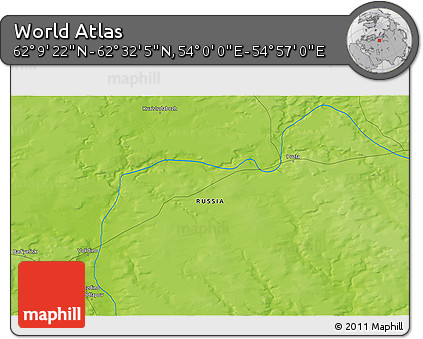 Physical 3D Map of the Area around 62° 20' 44" N, 54° 28' 30" E