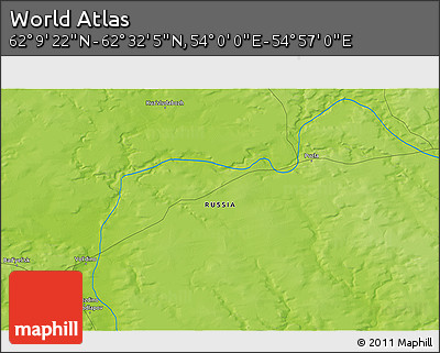 Physical 3D Map of the Area around 62° 20' 44" N, 54° 28' 30" E