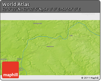 Physical 3D Map of the Area around 62° 20' 44" N, 54° 28' 30" E