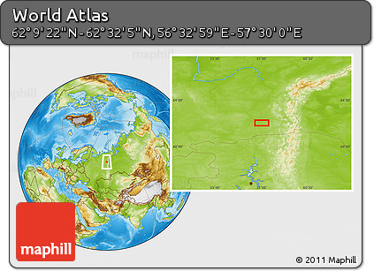 Physical Location Map of the Area around 62° 20' 44" N, 57° 1' 29" E