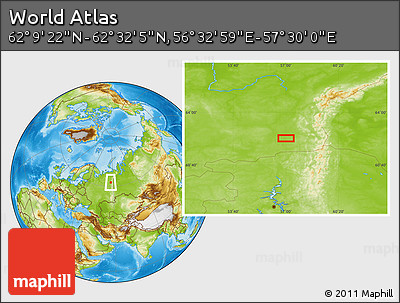 Physical Location Map of the Area around 62° 20' 44" N, 57° 1' 29" E