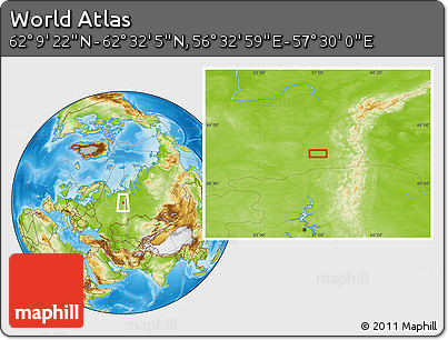 Physical Location Map of the Area around 62° 20' 44" N, 57° 1' 29" E