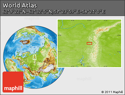Physical Location Map of the Area around 62° 20' 44" N, 57° 52' 30" E