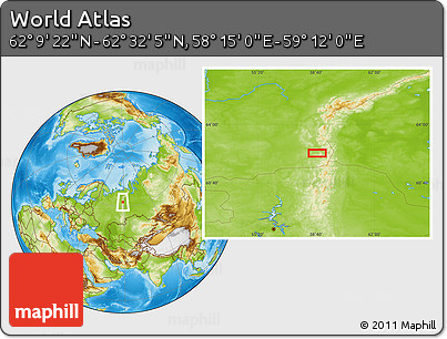 Physical Location Map of the Area around 62° 20' 44" N, 58° 43' 30" E