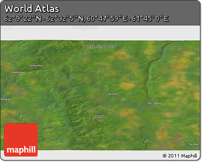 Satellite 3D Map of the Area around 62° 20' 44" N, 61° 16' 29" E