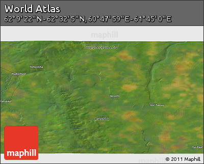 Satellite 3D Map of the Area around 62° 20' 44" N, 61° 16' 29" E