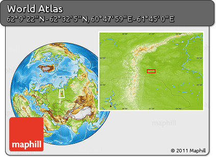 Physical Location Map of the Area around 62° 20' 44" N, 61° 16' 29" E