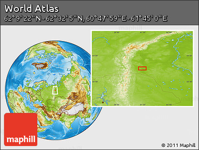 Physical Location Map of the Area around 62° 20' 44" N, 61° 16' 29" E