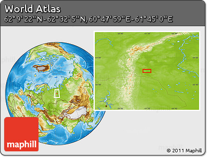 Physical Location Map of the Area around 62° 20' 44" N, 61° 16' 29" E