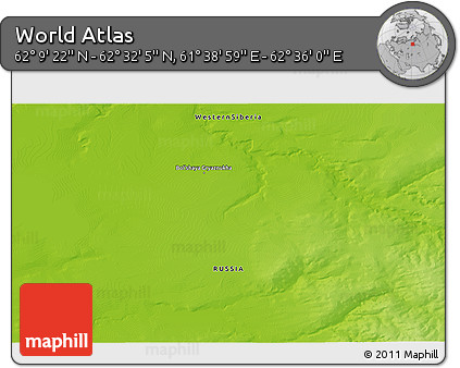 Physical 3D Map of the Area around 62° 20' 44" N, 62° 7' 30" E