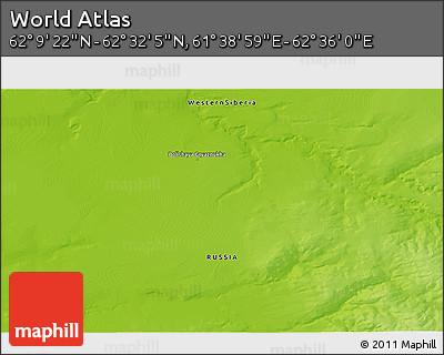 Physical 3D Map of the Area around 62° 20' 44" N, 62° 7' 30" E