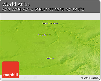Physical 3D Map of the Area around 62° 20' 44" N, 62° 7' 30" E
