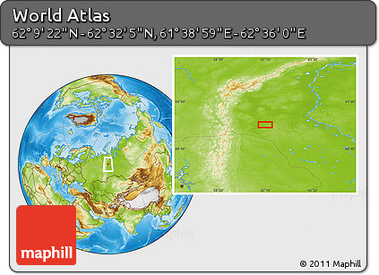 Physical Location Map of the Area around 62° 20' 44" N, 62° 7' 30" E