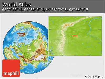Physical Location Map of the Area around 62° 20' 44" N, 62° 7' 30" E