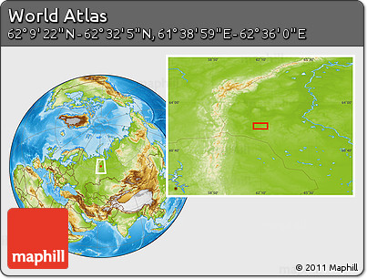 Physical Location Map of the Area around 62° 20' 44" N, 62° 7' 30" E