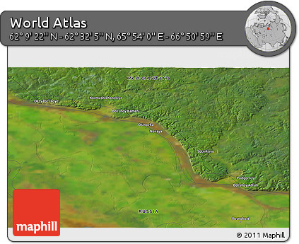 Satellite 3D Map of the Area around 62° 20' 44" N, 66° 22' 30" E