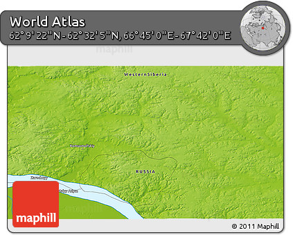Physical 3D Map of the Area around 62° 20' 44" N, 67° 13' 29" E