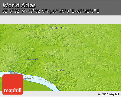 Physical 3D Map of the Area around 62° 20' 44" N, 67° 13' 29" E