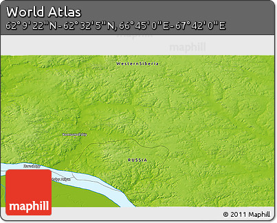 Physical 3D Map of the Area around 62° 20' 44" N, 67° 13' 29" E